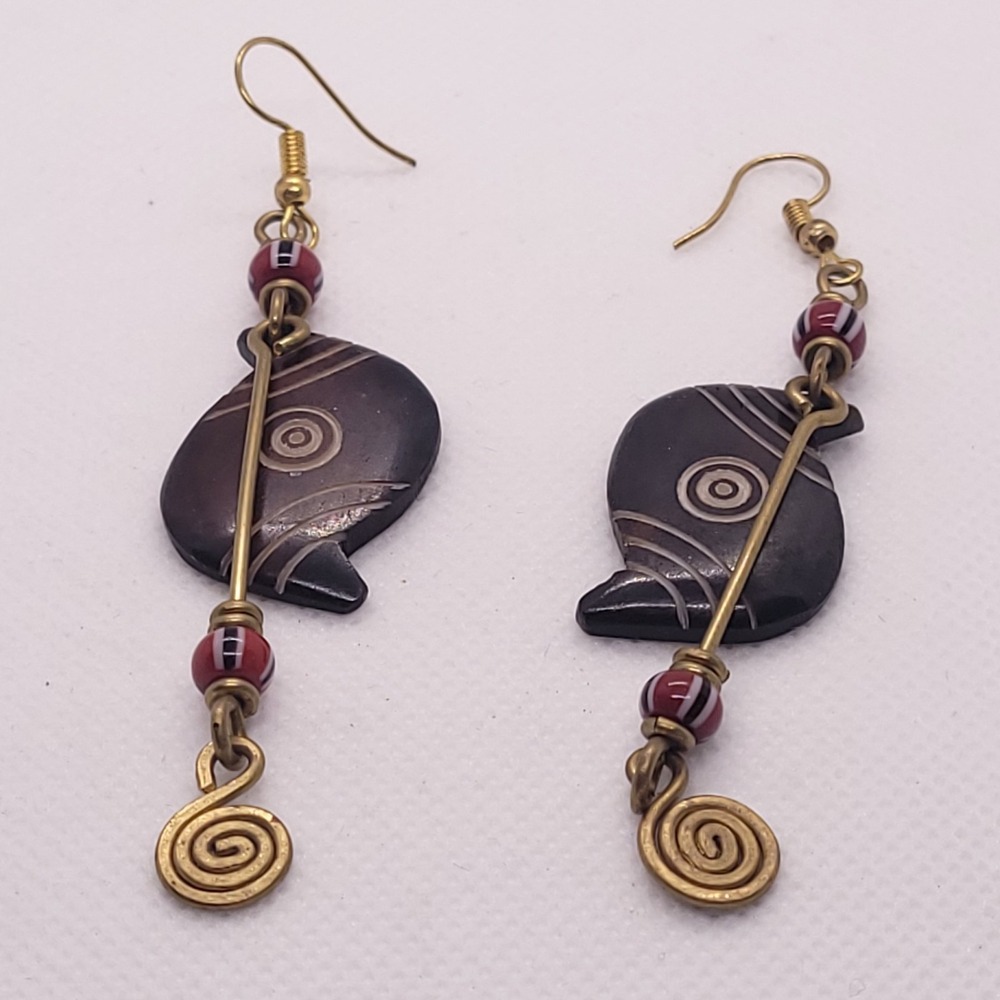 Abstract Face Dangle Earrings Brass Red Bead Spiral Tribal Artisan